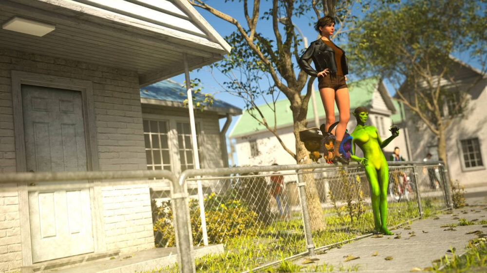 A 3D rendered scene featuring a woman standing confidently on a fence, surrounded by colorful characters including a green alien, a cartoonish dog, and a person taking a selfie, set in a suburban neighborhood.
