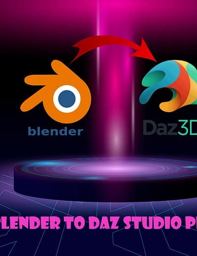 Futuristic Blender to Daz Studio asset transfer plugin with neon glowing digital design.