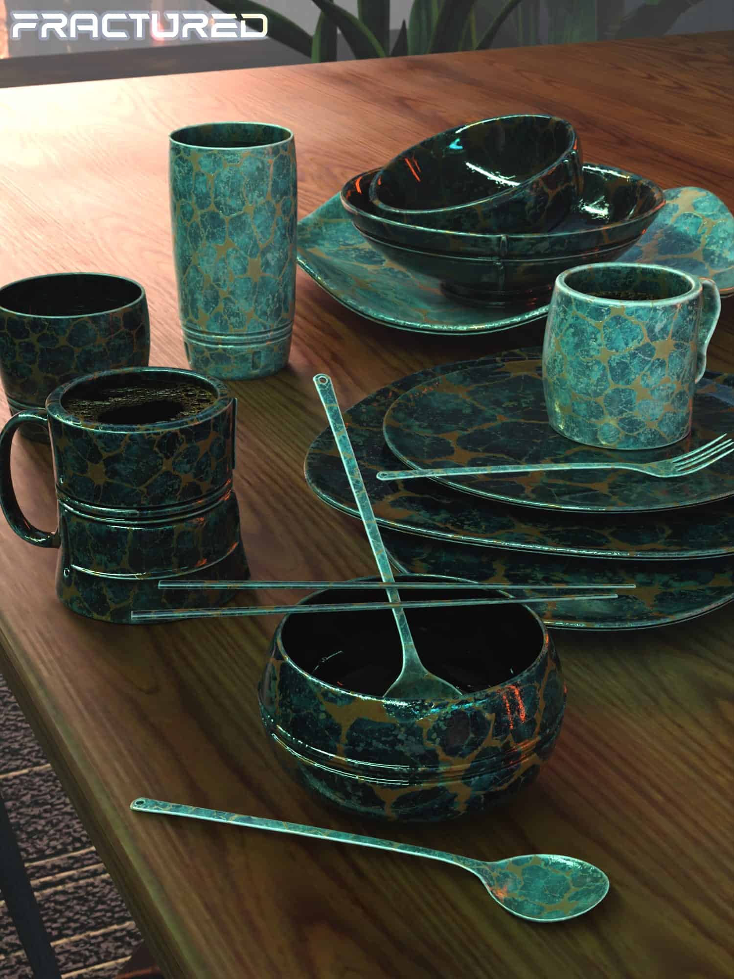 Blue and gold marbled ceramic dinnerware set on wooden table, showcasing craftsmanship and modern design.