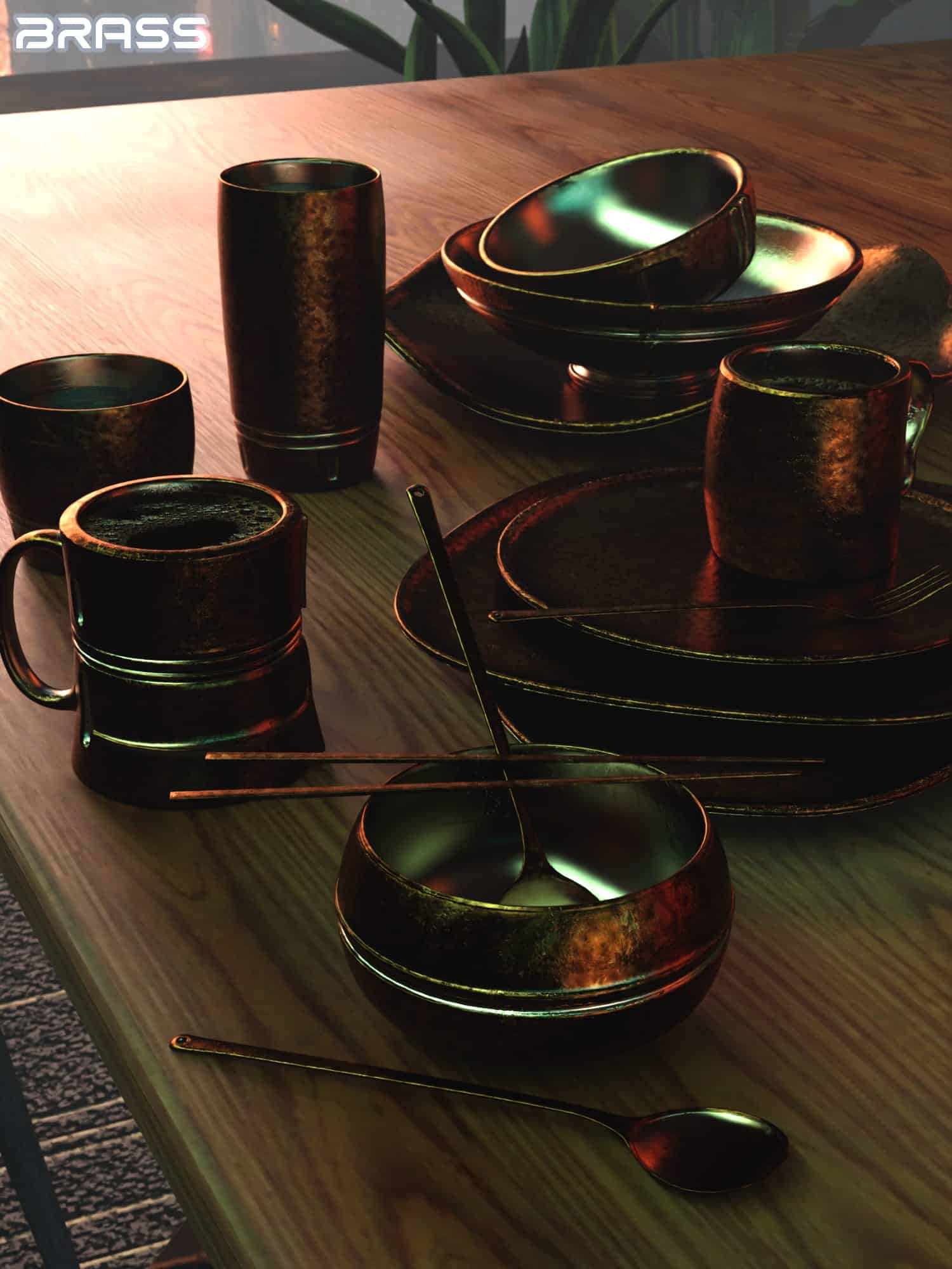 Decorative brass and copper dinnerware on wooden table in modern industrial dining space.