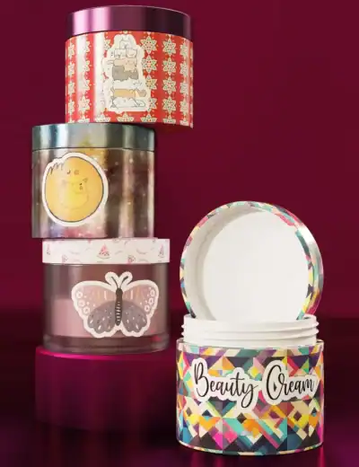 Colorful cosmetic jars with playful animal, butterfly, and geometric designs against a burgundy background.
