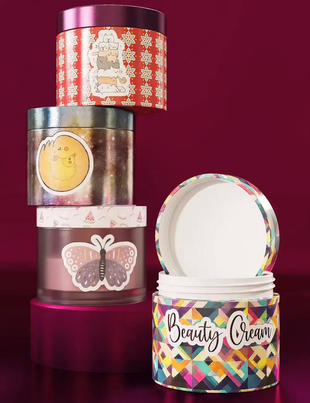 Colorful cosmetic jars with playful animal, butterfly, and geometric designs against a burgundy background.