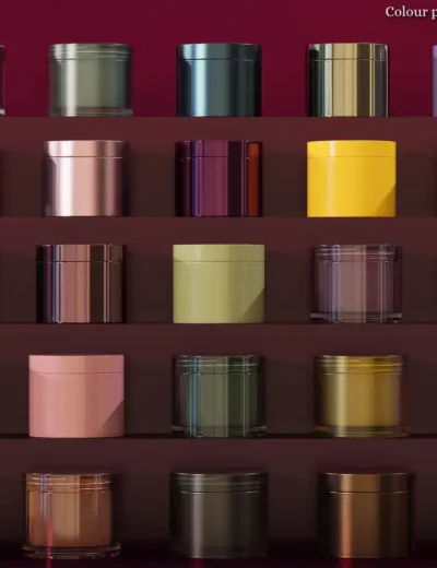 Display of colorful metallic and transparent cylindrical containers for premium packaging options.
