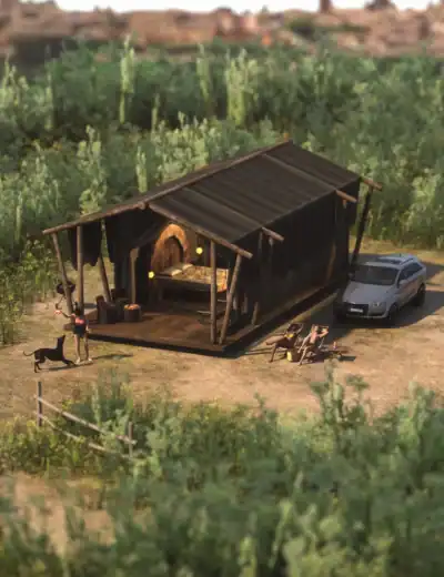 Rustic glamping tent with relaxing guests, playful dog, and lush outdoor scenery at sunset.