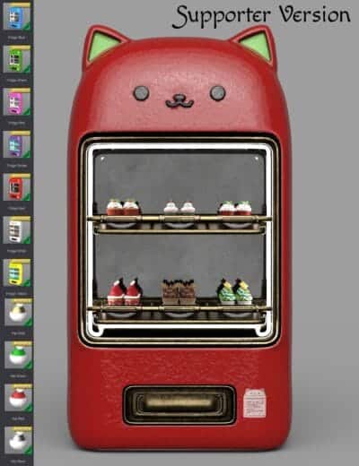 Red cat-shaped vending machine displaying colorful cupcakes and desserts with cute, kawaii design.