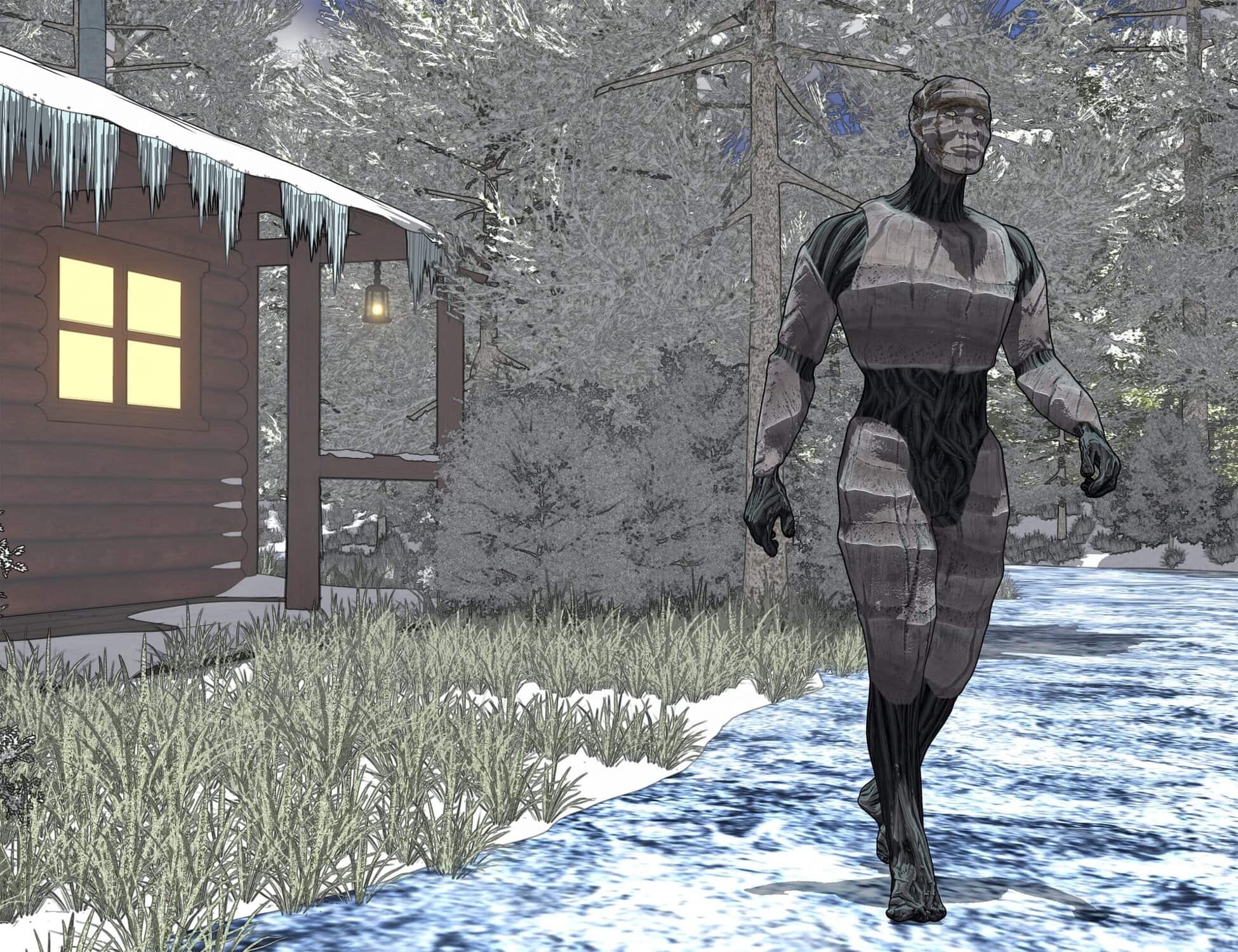 Cybernetic figure walks snowy forest by cozy cabin with warm glow at dusk.