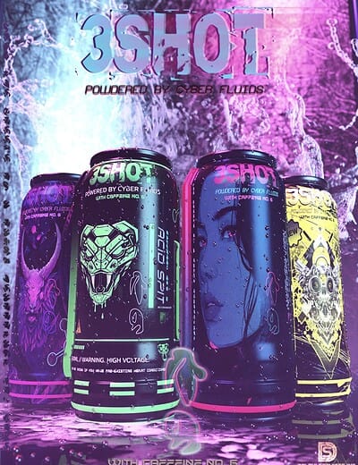 Cyberpunk energy drink ad with neon cans and futuristic cityscape background.