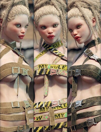 Porcelain-skinned cyberpunk woman in harness-inspired outfits with neon accents and rebellious slogans.