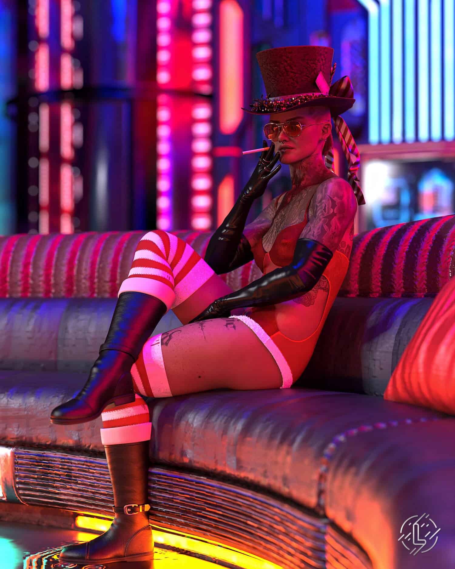 Futuristic cyberpunk woman in neon-lit lounge with bold fashion, latex gloves, striped stockings, and vibrant lighting.