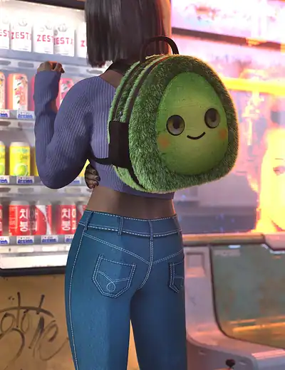 Futuristic teen girl with avocado backpack at neon-lit vending machine in cyberpunk city night scene.