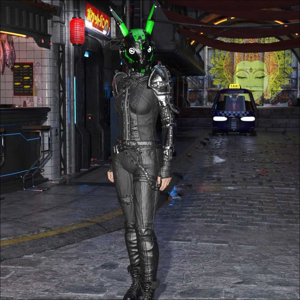 Neon-lit cyberpunk city with masked rebel, robotic arm, futuristic vehicle, Buddha mural, vibrant alley scene.