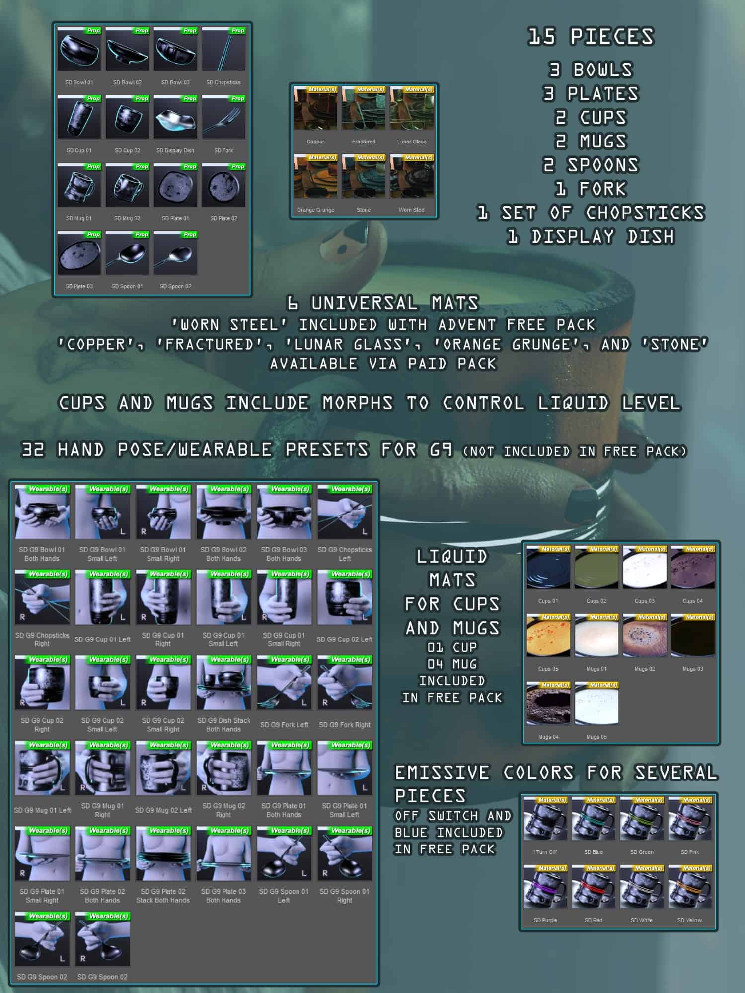 3D dishware asset pack with customizable materials, poses, and lighting for digital art-rendering.