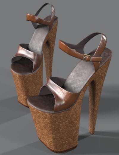 High avant-garde platform heels with cork soles, glossy open toe, and ankle strap.