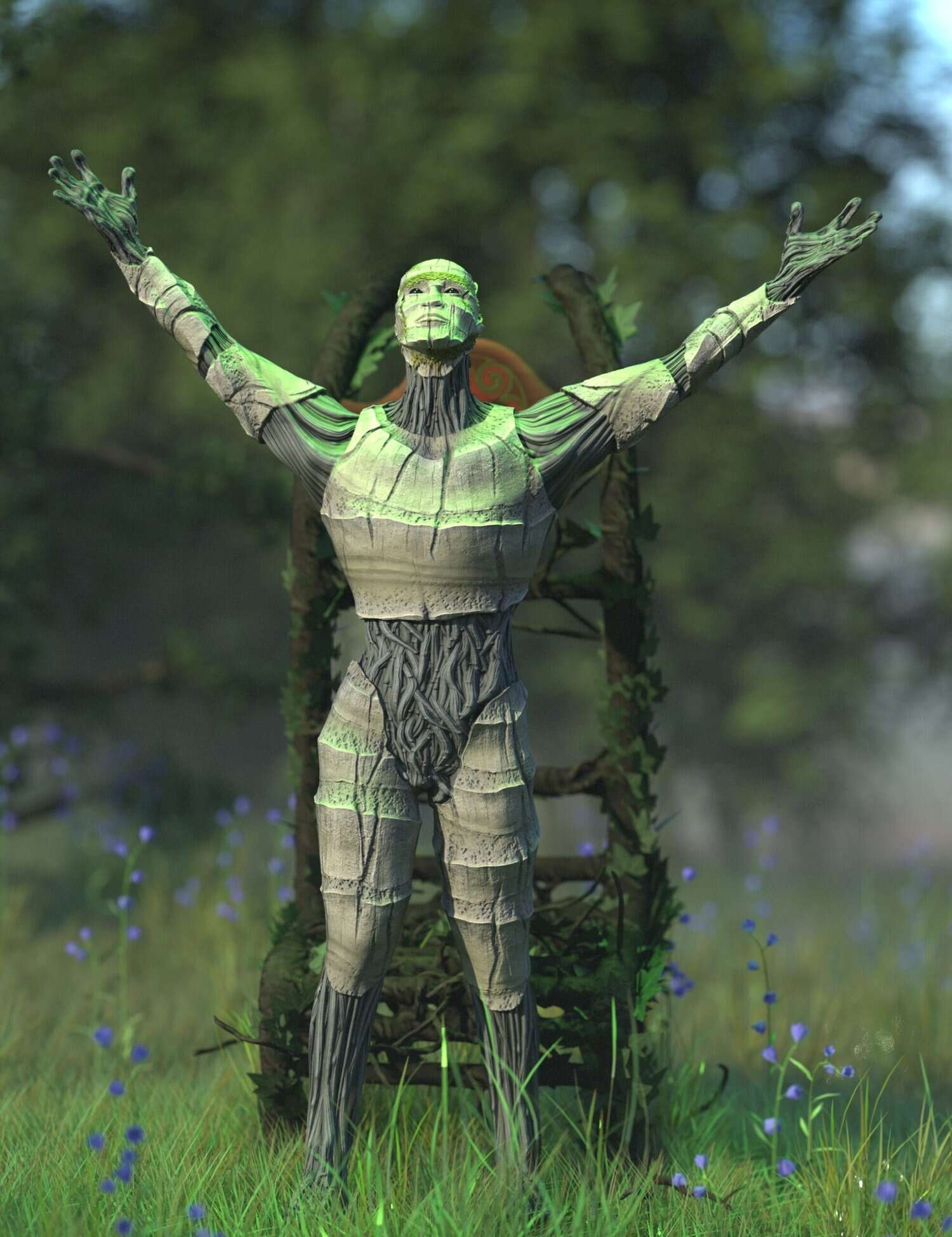 Ethereal humanoid emerging from nature, symbolizing harmony between technology and the environment.