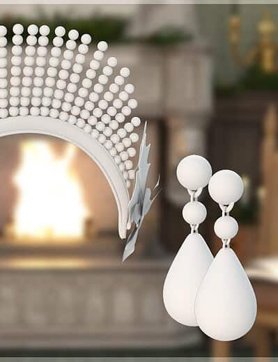 Elegant white holiday jewelry set with tiara and earrings against cozy fireplace background.