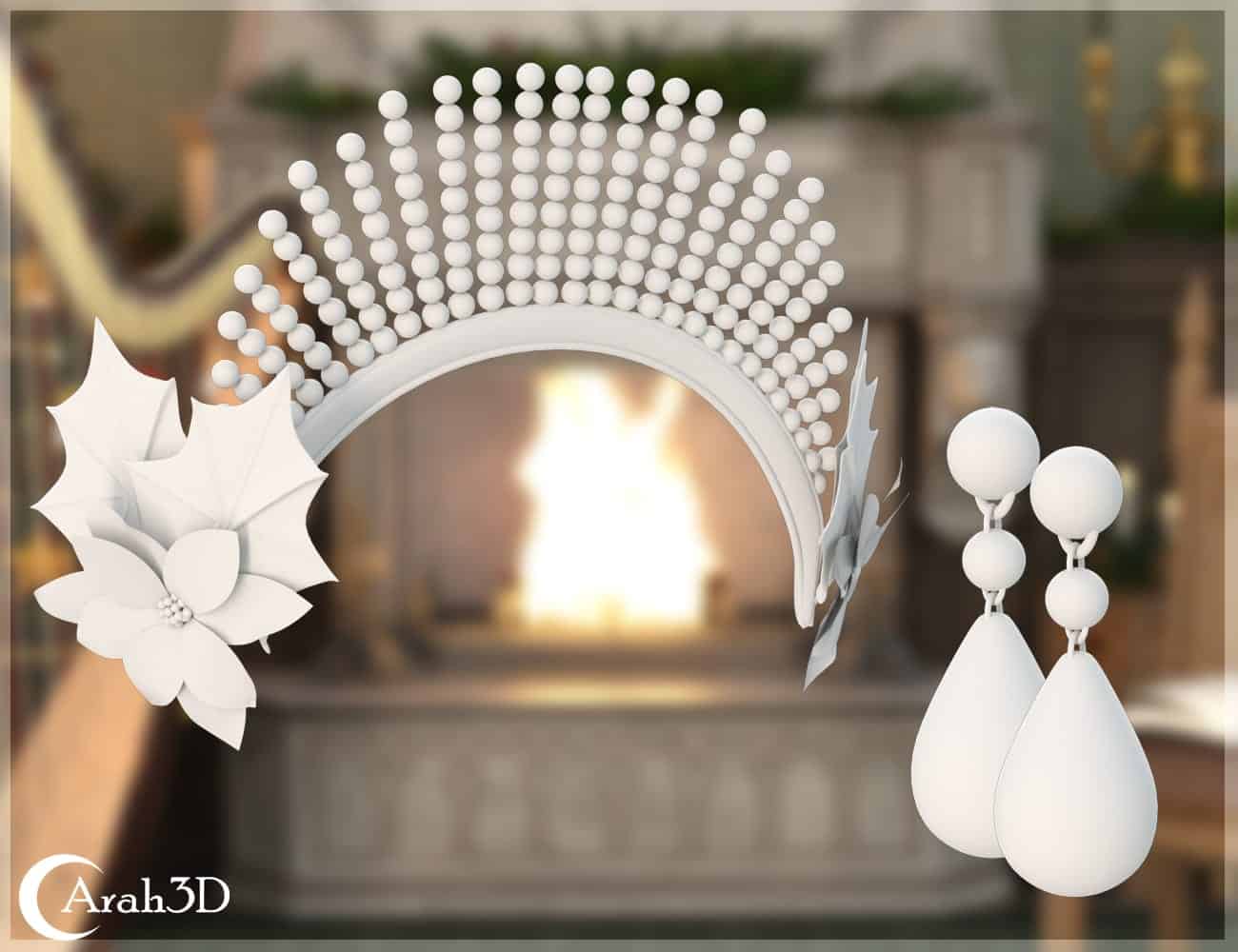 Elegant white holiday jewelry set with tiara and earrings against cozy fireplace background.