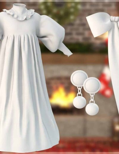 Elegant white holiday dress with festive bow and minimalist jewelry in cozy Christmas setting.