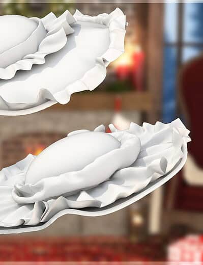 White 3D ruffled ornaments floating in cozy Christmas scene with fireplace and decorated tree.