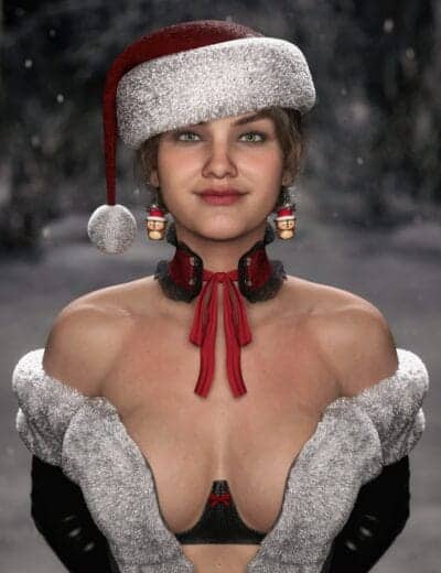 Festive woman in holiday attire with Santa hat, snowy background, and Christmas-themed earrings.