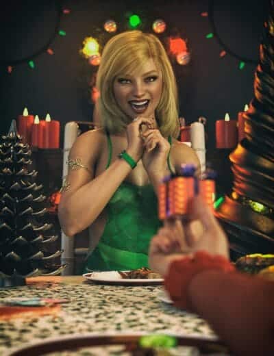 Joyful woman reacting to Christmas gift in festive holiday setting with candles and colorful lights.