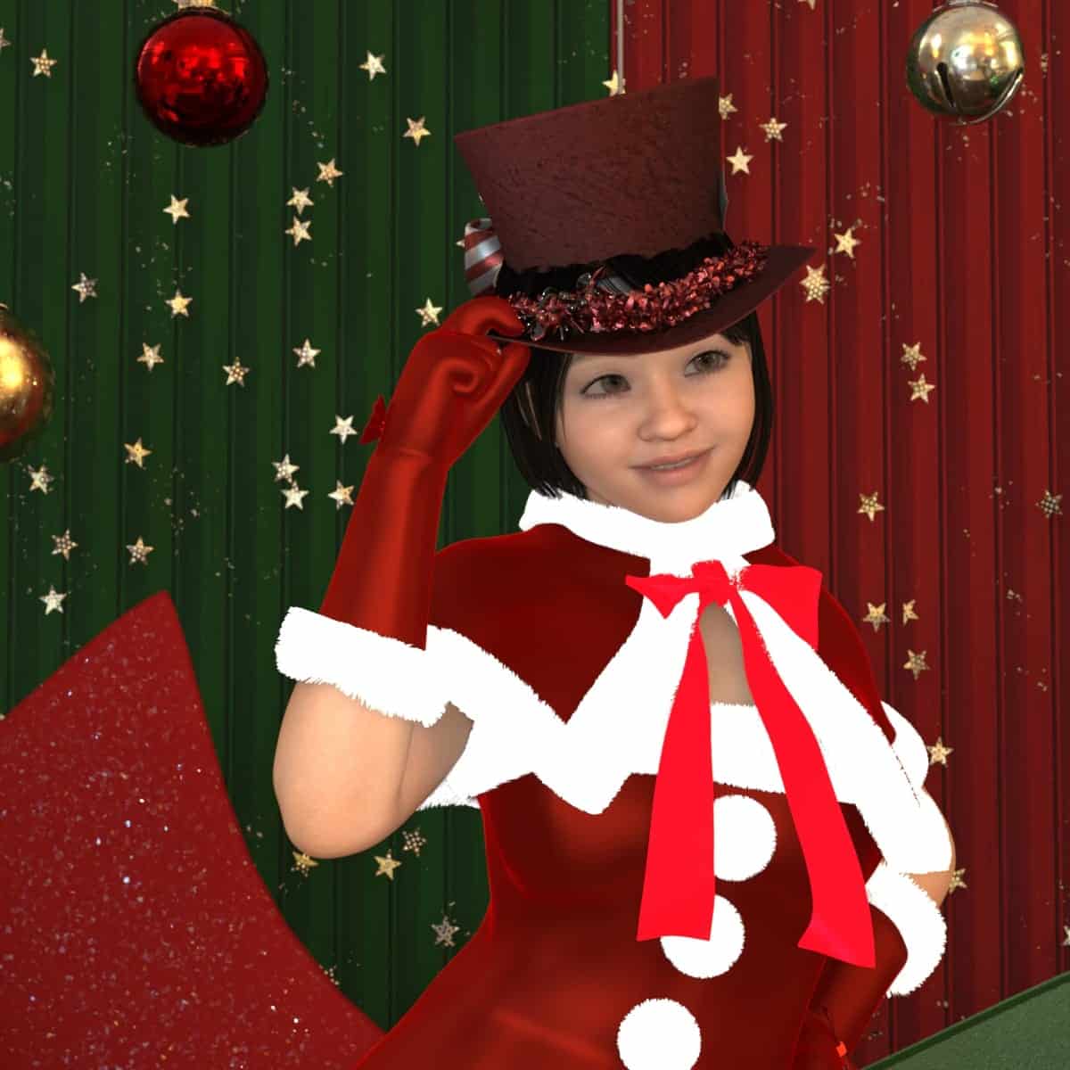 Festive holiday character in red with white fur, maroon hat, and Christmas ornament background.