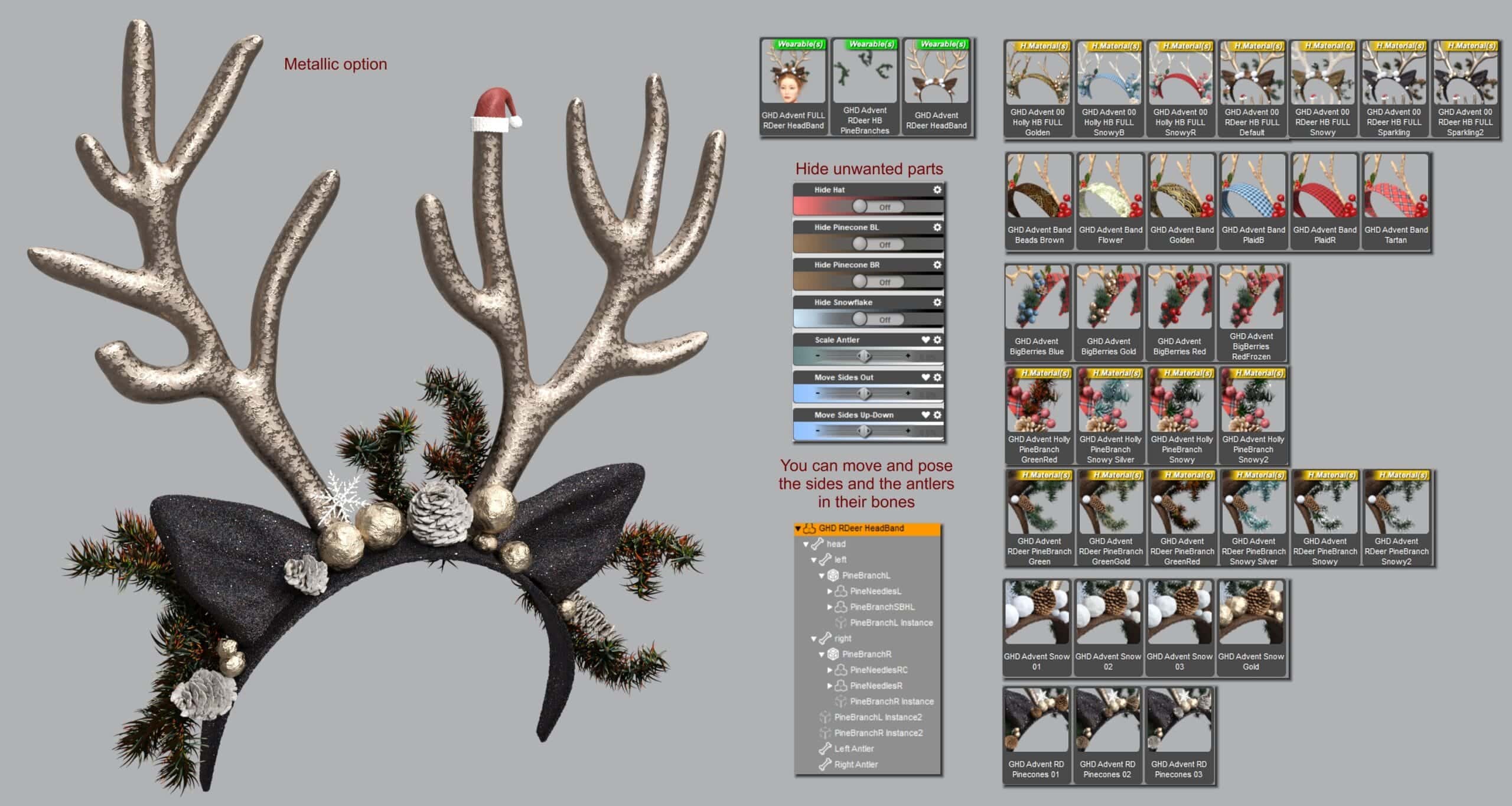 Customizable 3D festive reindeer antler headband with Christmas decorations for holiday avatars.