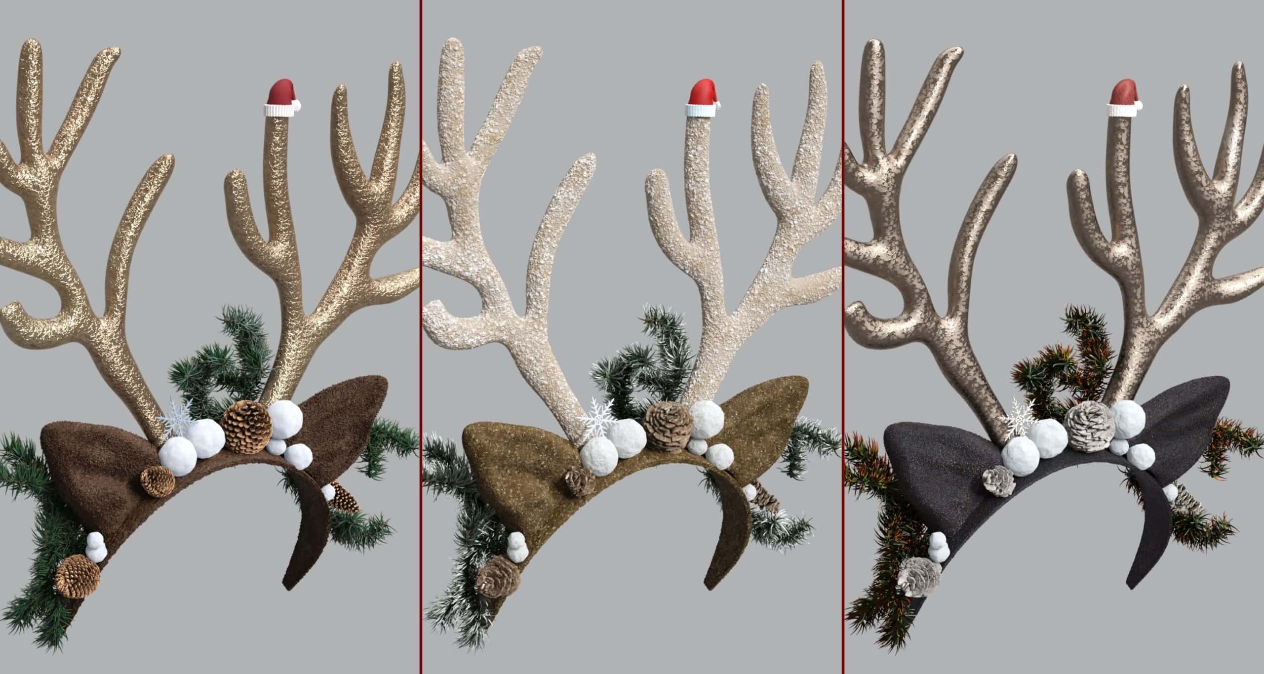 Cute holiday reindeer antler headbands with glitter, pine decorations, and Santa hats for Christmas.