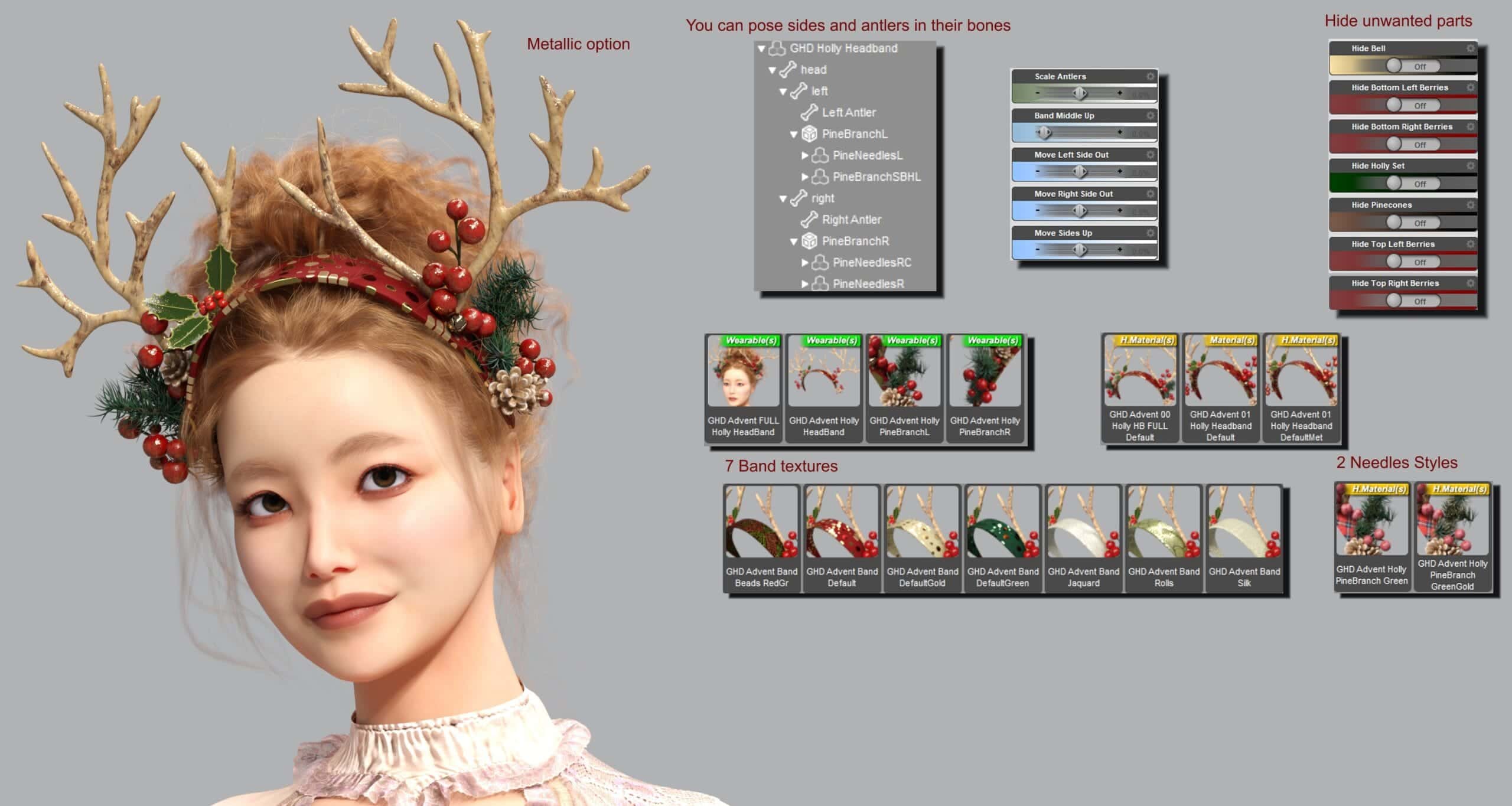 Festive gold reindeer antler headpiece with berries and customizable styles for 3D character design.