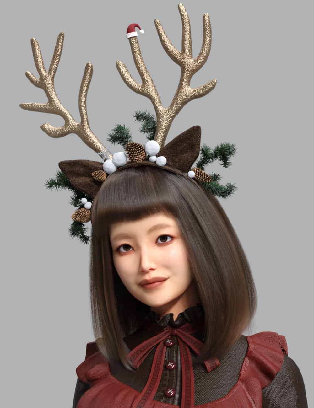 Elegant woman wearing festive reindeer antlers with holiday accessories and a red and black dress.
