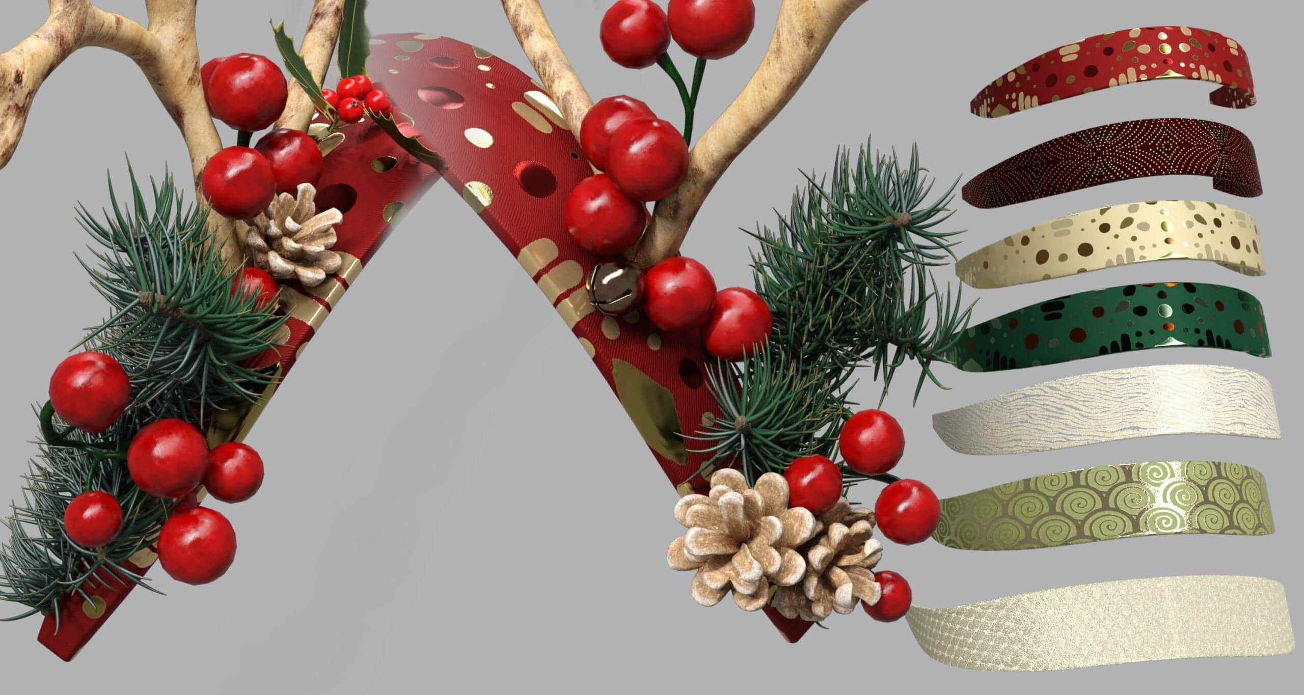 Festive reindeer antler headband with berries, pinecones, greenery, perfect for holiday celebrations.