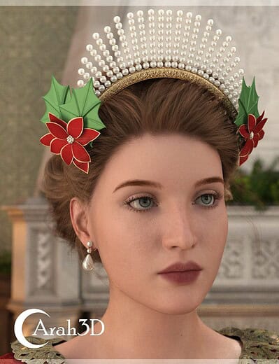Elegant regal woman wearing festive pearl crown with holly and poinsettia flowers.