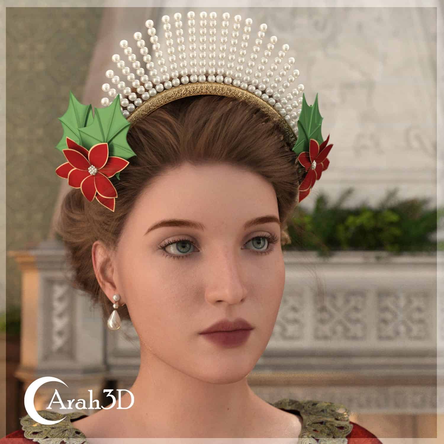 Elegant regal woman wearing festive pearl crown with holly and poinsettia flowers.
