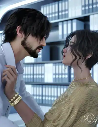 Intimate office scene with passionate tension between stylish woman and casual man about to kiss.