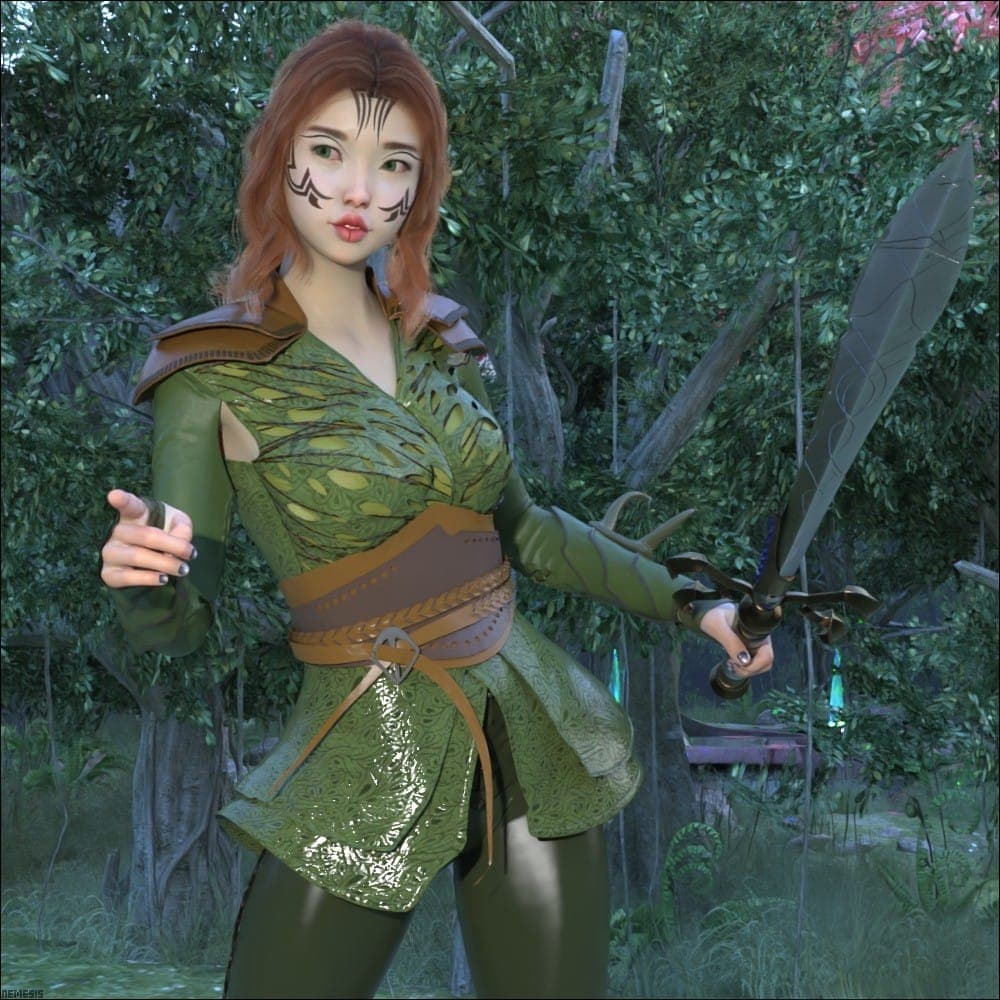 Female elf warrior with tribal tattoos and a magical sword in an enchanted forest setting.