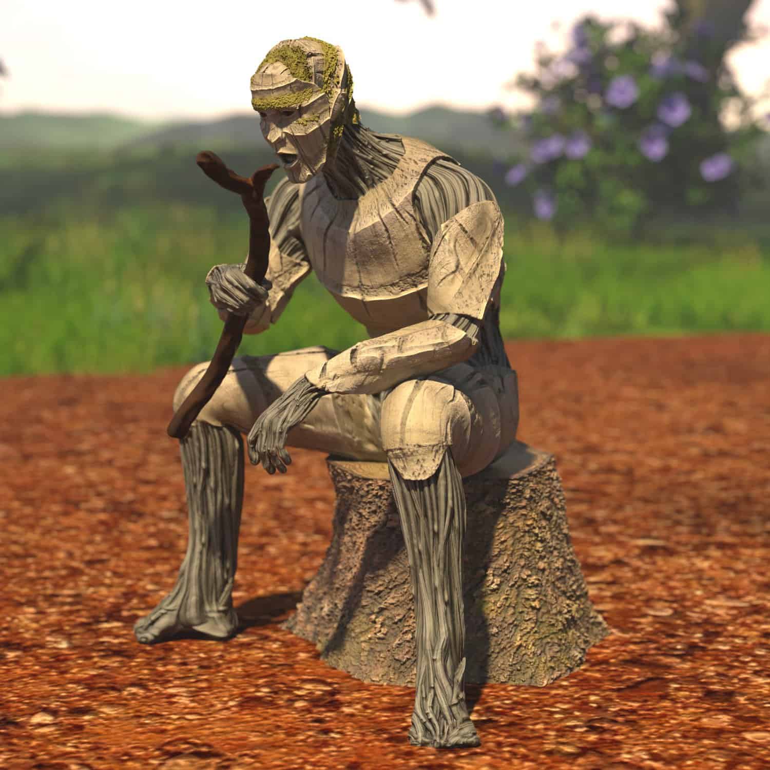 Wooden humanoid figure in deep reflection amid lush natural surroundings.