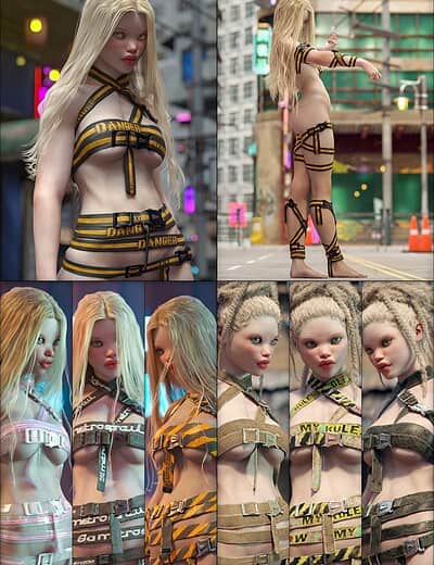 Futuristic cyberpunk fashion model with hazard tape-inspired outfits, neon lighting, urban cityscape.