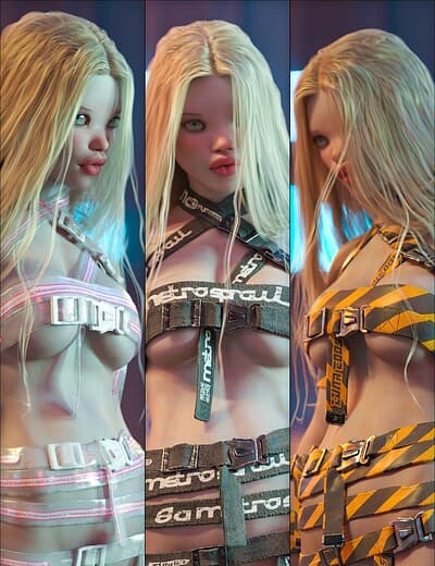 Futuristic digital women with industrial harnesses in cyberpunk-inspired triptych.