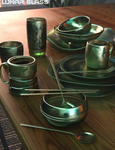 Futuristic iridescent metallic tableware on wooden table with greenery background, cozy and elegant dining scene.