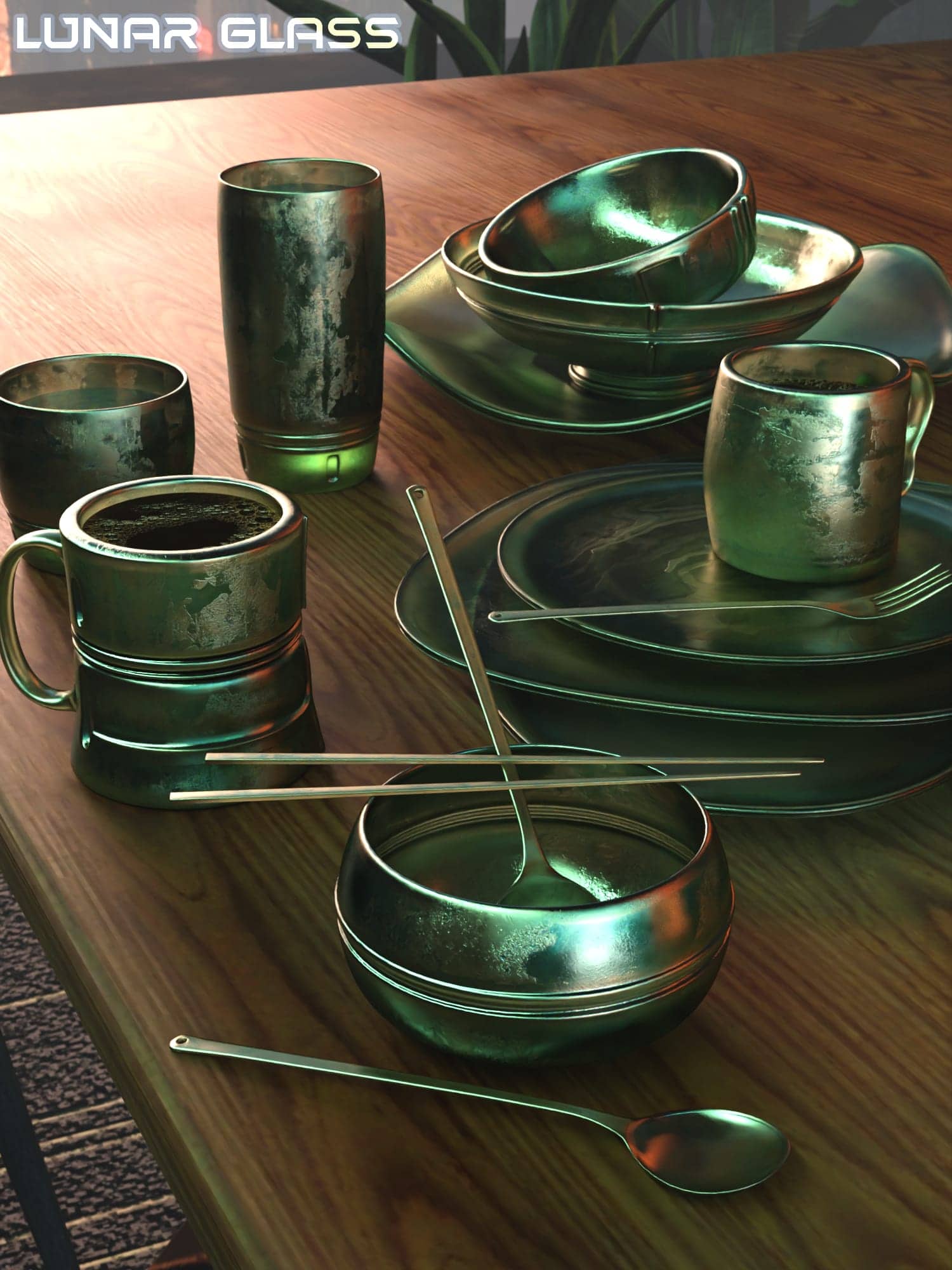 Futuristic iridescent metallic tableware on wooden table with greenery background, cozy and elegant dining scene.
