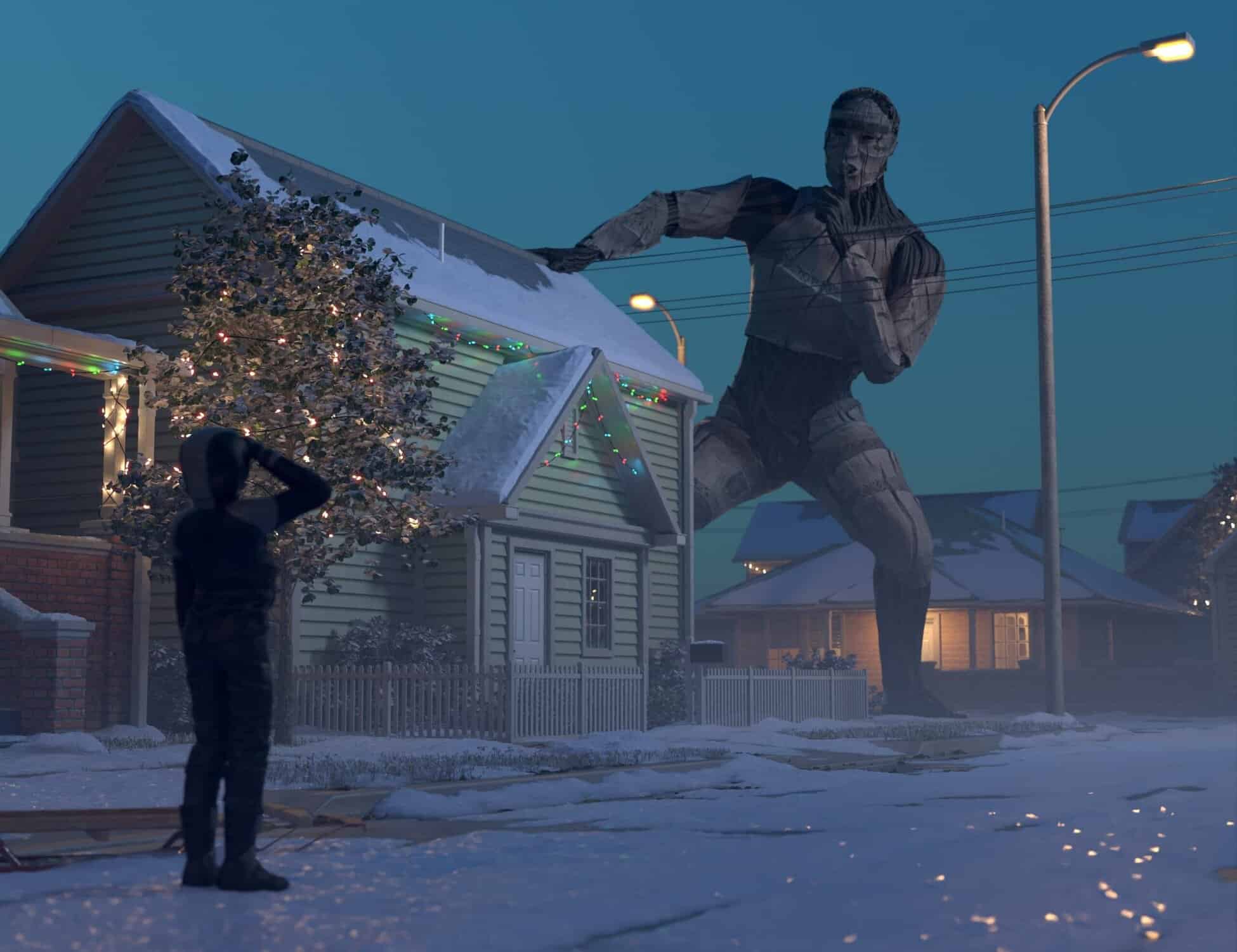Giant robot overlooks snowy festive neighborhood as child gazes in awe during winter evening.