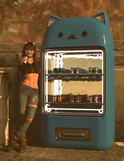 Young woman with cat-ear accessories relaxing beside a blue cat-shaped vending machine at sunset.
