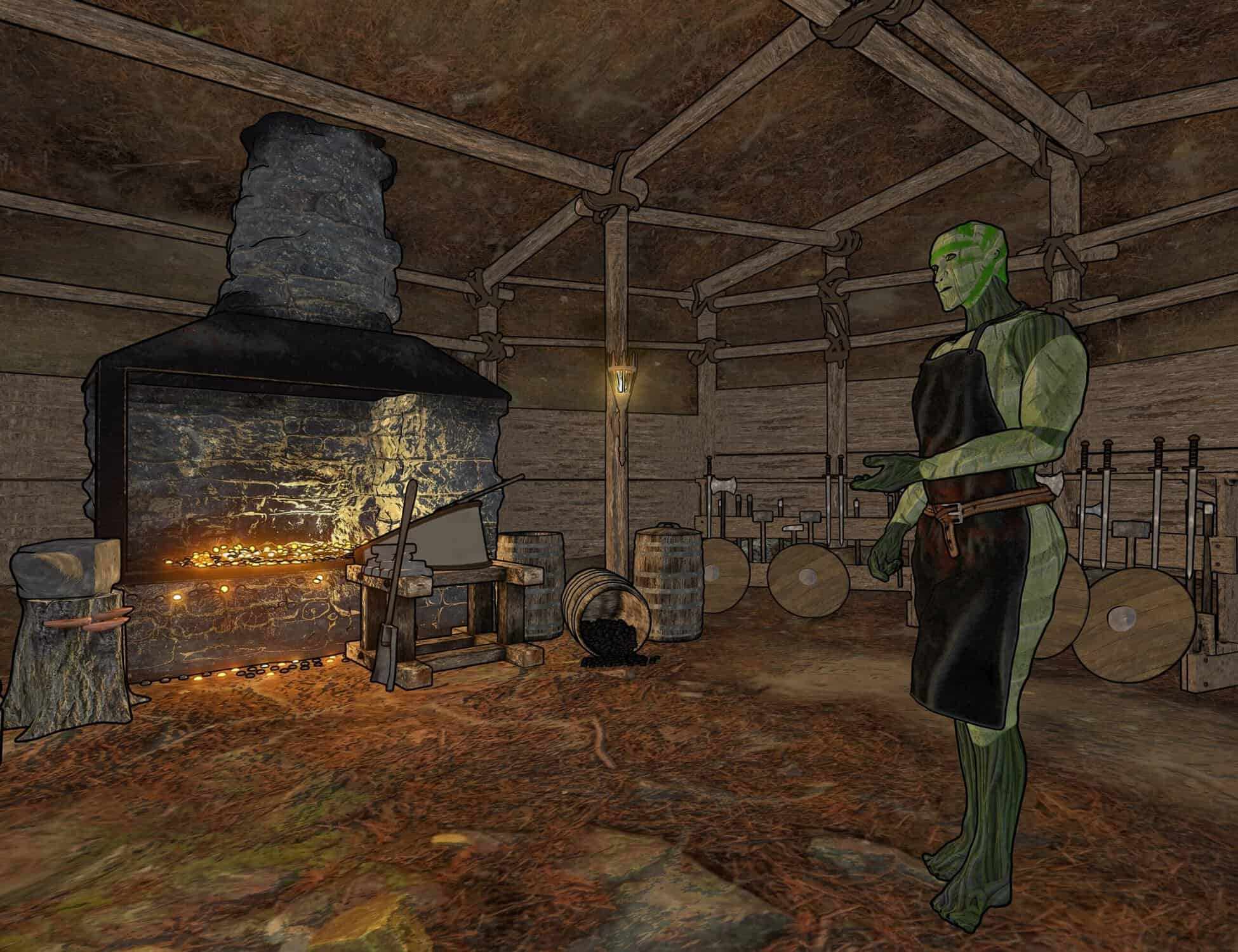 Green-skinned blacksmith forging weapons in a medieval fantasy workshop with glowing forge and rustic tools.