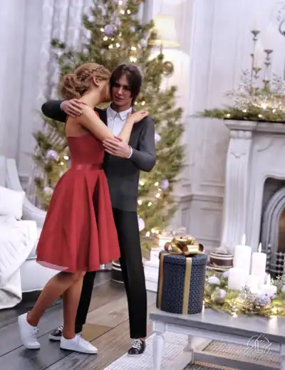 Romantic couple dancing near Christmas tree and fireplace with festive decorations and holiday warmth.