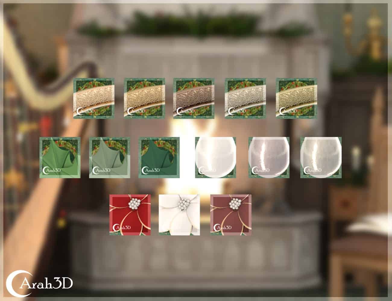 Elegant holiday 3D textures, including glitter, fabric, glass, and gift boxes with festive backdrop.