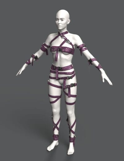 3D human model in T-pose wearing an intricate purple leather harness with metallic accents.