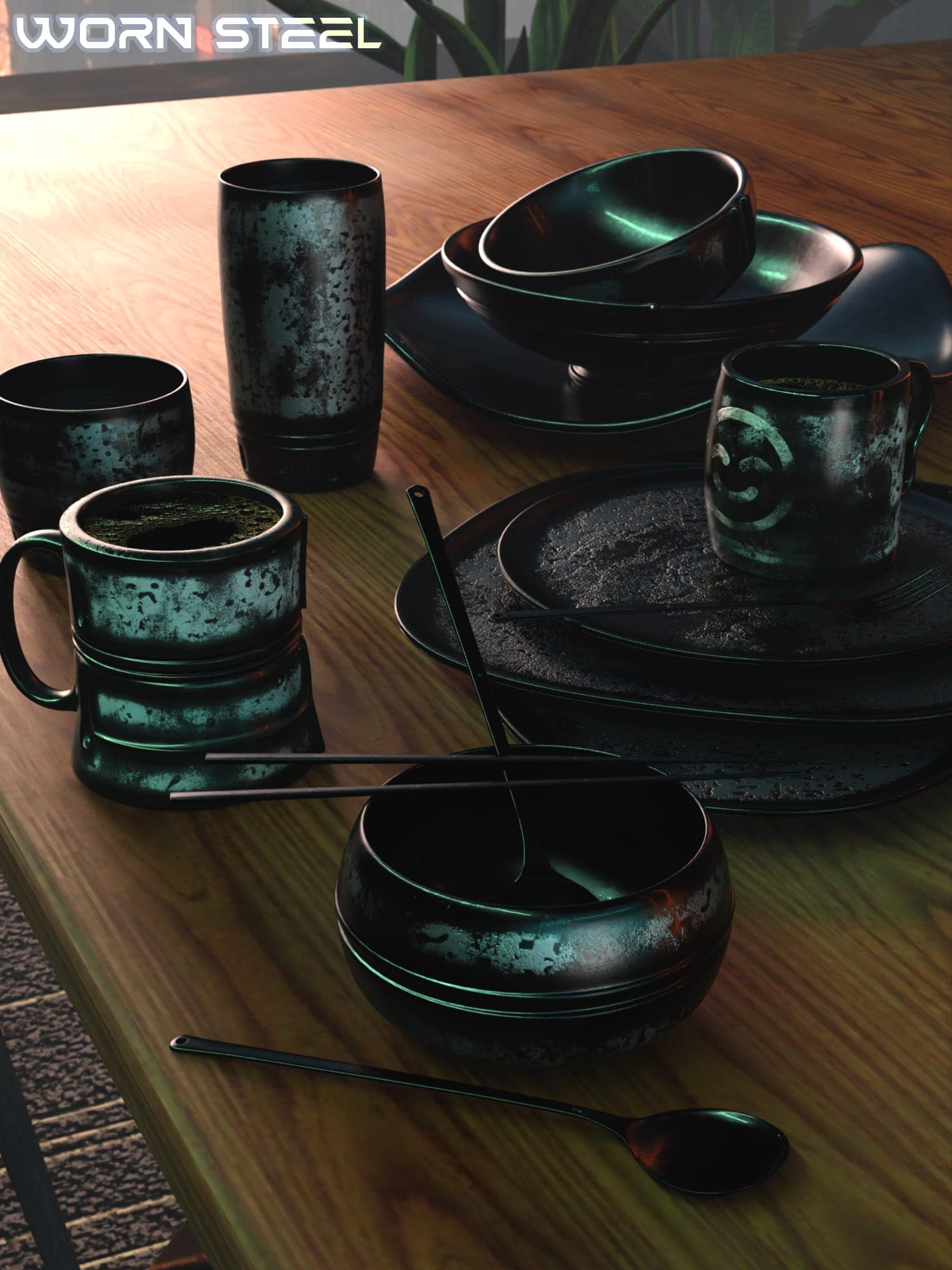Industrial steel dishware arranged on wooden table with modern, rustic, and ambient lighting.