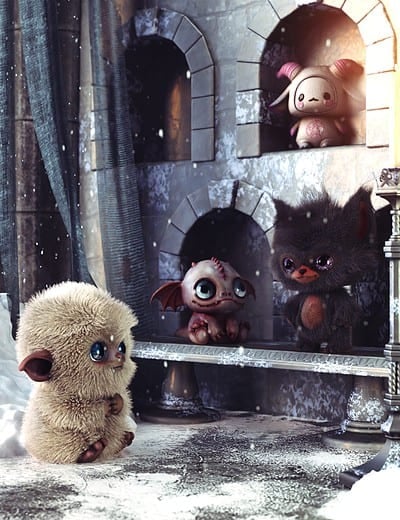 Cute fantasy creatures in a snowy castle with warm candlelight and magical winter charm.