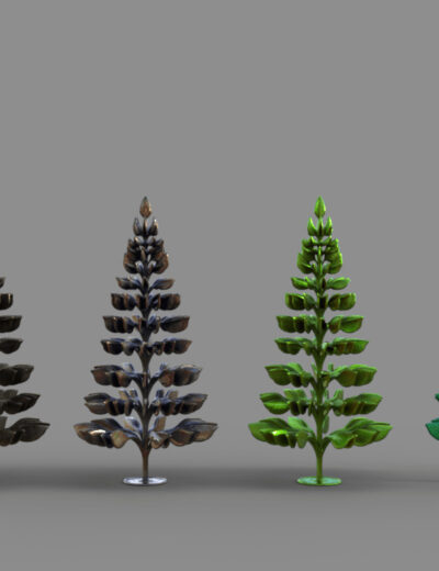 Sequence of modern stylized plants showing color shift from metallic brown to vibrant green and turquoise.