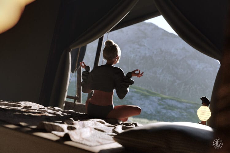 Meditating inside a cozy tent with mountain views and warm sunlight for serenity and mindfulness.