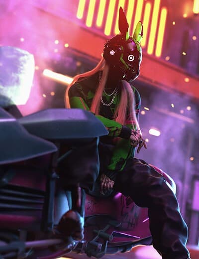 Futuristic cyclist wearing glowing rabbit-shaped helmet in vibrant neon-lit cyberpunk cityscape.